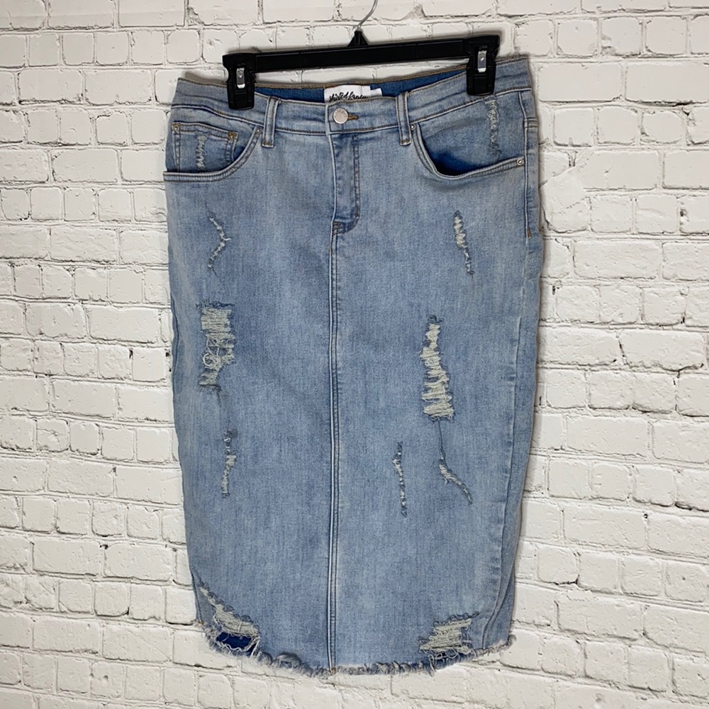Skirted Fancy stretchy distressed midi denim skirt